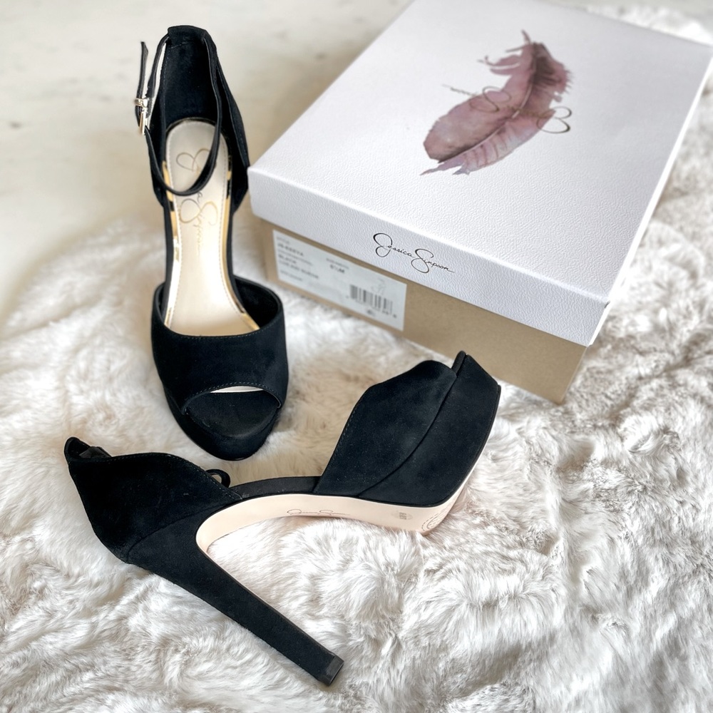 New in Box, Jessica Simpson Beeya Black Suede Heels, 6.5 (37)